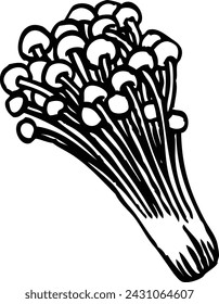 A Bunch of Enoki Mushroom Black and White Vector Line Art Illustration