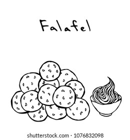 Bunch of Falafel Balls and Sauce. Middle Eastern Cuisine. Arabic Traditional Meal. Israel Vegetarian Healthy Fast Food. Jewish Street Food. Realistic Hand Drawn Illustration. Savoyar Doodle Style.