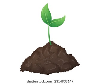 A bunch of fertile black soil and growing green sprout with leaves. The concept of gardening and sowing. Vector isolated cartoon illustration.