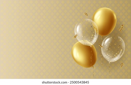 Bunch of festive 3D golden and transparent balloons and serpentine on a beige background for congratulations. Birthday, sale, anniversary. Banner with a place for copying. Vector stock illustration.