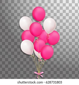 Bunch of Festive pink, white balloons and  bow isolated. Party decorations for birthday, anniversary, celebration, event design.  Vector illustration.