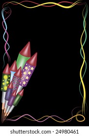 a bunch of firework bottle rockets and a colorful border of curved lines on a black background. Designed for content to be added