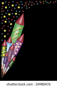 a bunch of firework bottle rockets and many little colorful stars on a black background. Designed for content to be added