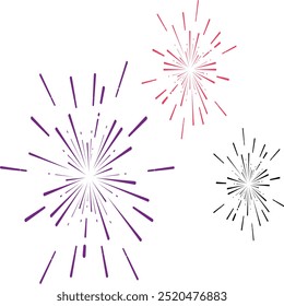 A bunch of fireworks with separate purple, red and blue colored sparks on a white background. Fireworks for big holidays. illustration of a fireworks.