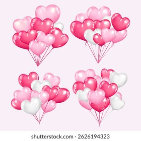 Bunch of floating heart balloons pink and white. For Valentine's Day, birthdays, and festive decor. Vector 