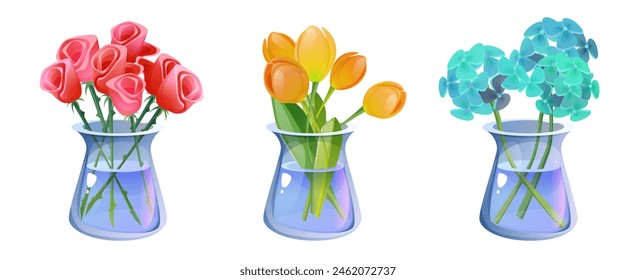 Bunch flower in vase. Floral spring bouquet vector. Isolated cute cut garden tulip, rose and hydrangea in glass illustration set. Colorful interior decoration for florist shop. Fresh bud in bottle