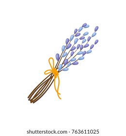 Bunch of flowering pussy willow branches tied with a yellow ribbon, Easter decoration element, cartoon vector illustration isolated on white background. Easter bouquet of pussy willow branches