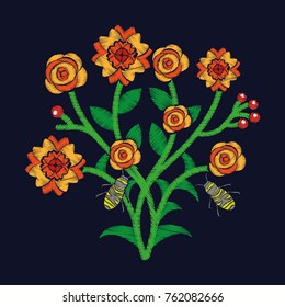 bunch flowers and bees flying embroidery fashion trend textile design dark background