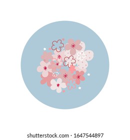 Bunch flowers bouquet circle icon sticker small spot illustration. Spring cherry sakura blossom bloom season or sunny day inspiration graphic design typography element. Hand drawn Simple vector symbol