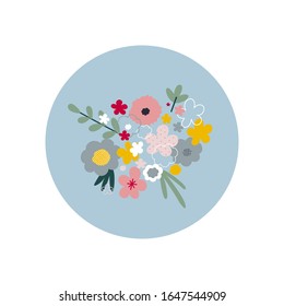 Bunch of flowers bouquet on blue circle icon sticker small spot illustration. Spring summer season or sunny day inspiration graphic design typography element. Hand drawn picture. Simple vector symbol