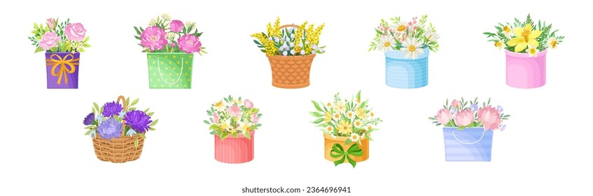 Bunch of Flowers in Bright Box and Basket as Gift Vector Set