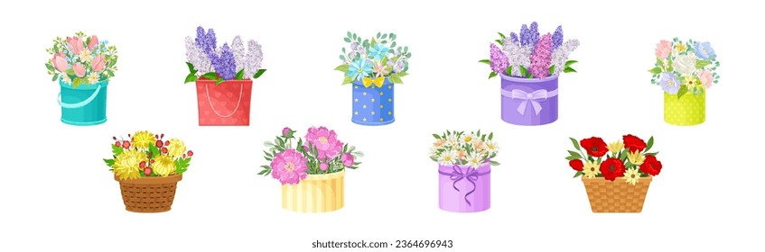 Bunch of Flowers in Bright Box and Basket as Gift Vector Set