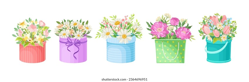 Bunch of Flowers in Bright Box as Gift Vector Set