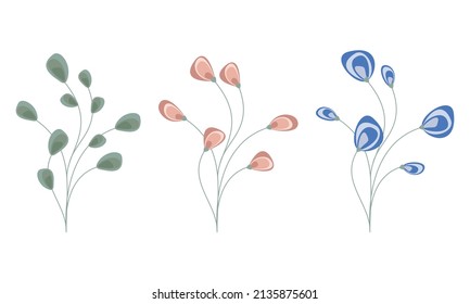 Montón de flores aisladas en blanco. Conjunto mínimo de elementos de diseño floral. Ilustración plana cartográfica botánica vectorial para imprimir, patrón, banner, fondo o tarjeta de saludo. Decoración de vacaciones.