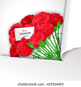 Bunch of flowers Carnations in stylized paper with a message. Ready template for poster, web, print, greeting card and advertisement.