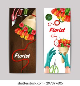 Bunch of flowers with florist text and equipment colorful vertical banner set isolated vector illustration  