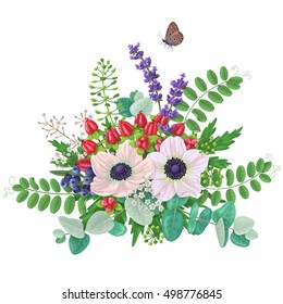 Bunch of flowers and flying butterfly isolated on white. Cream  color anemone with floral elements and red berries. Romantic bouquet.