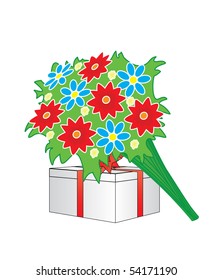 Bunch of flowers and a gift isolated over white