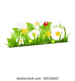 Bunch Of Flowers With Grass And Ladybug, Vector Illustration