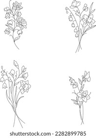 Montón de flores de estilo minimalista. Diseño de tatuajes femeninos en blanco y negro. Bouquets de lirio del valle, daffodils y daisies. Elementos decorativos vectoriales para tarjeta de saludo, invitación de boda