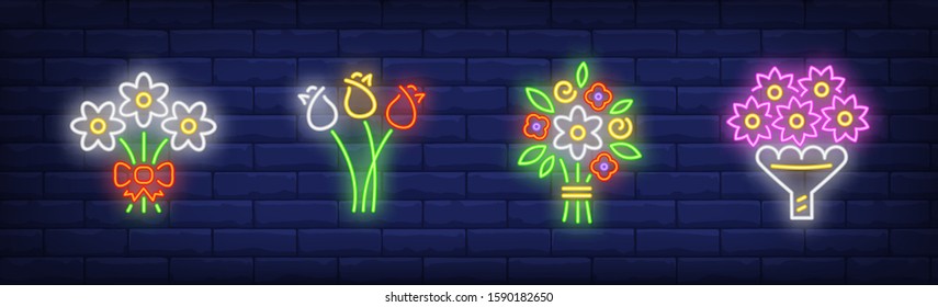 Bunch of flowers neon sign set. Tulips, chamomiles, bouquet. Vector illustration in neon style, bright banner for topics like florist shop, mothers day, spring