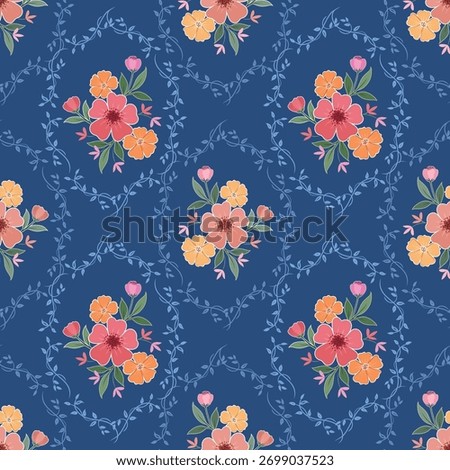bunch of flowers  on blue background seamless pattern. Cottagecore Floral Pattern for  fabric  wallpaper or wrapping paper