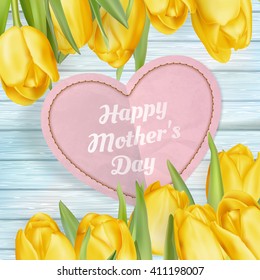 Bunch of flowers and paper heart with text on wooden background. Happy Mothers Day. EPS 10 vector file included