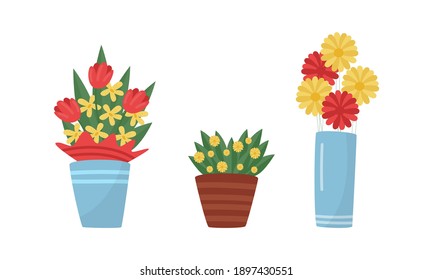 Bunch of Flowers Rested in Vase and Ceramic Pot Vector Set