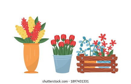 Bunch of Flowers Rested in Vase and Ceramic Pot Vector Set