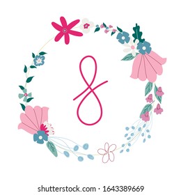 Bunch of flowers round frame international womens day holiday 8 march postcard stock vector illustartion isolated on white background 