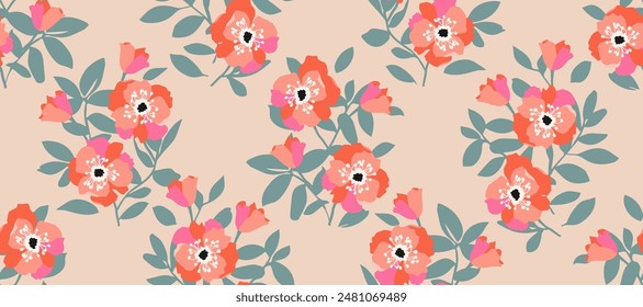 Bunch of flowers, seamless patterns with floral for fabric, textiles, clothing, wallpaper, wall art, cover, banner, interior decor, abstract backgrounds. vector illustration.