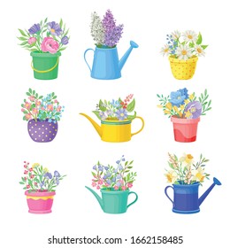 Bunch of Flowers Standing in Bright Buckets and Watering Cans Vector Set