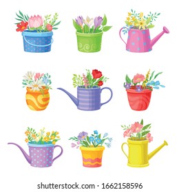 Bunch of Flowers Standing in Bright Buckets and Watering Cans Vector Set