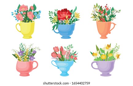 Conjunto de flores en diferentes vasos y vectores