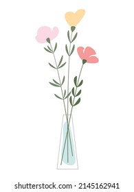 Montón de flores en un jarrón de contorno transparente con forma de agua. Ilustración plana de vector botánico aislada en blanco. Decoración floral, adorno, elemento de diseño para impresión, patrón o tarjeta de felicitación.