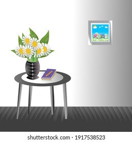 Un ramo de flores en un jarrón sobre una mesa con libros y un lápiz, un vector de espacio de copia.