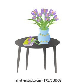 A bunch of flowers in a vase on a table with books and a pencil, copy space vector.
