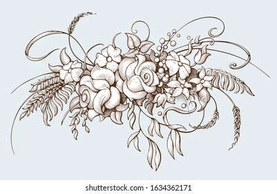 Bunch of flowers. Vintage botanical illustration. Bouquet in Baroque engraving style. Hand drawn vector illustration