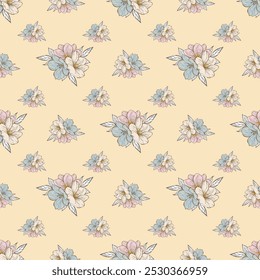 Manojo de flores de Vector vintage sin patrón sobre fondo amarillo claro.