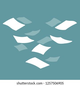 Bunch of flying sheets. White paper files. Office drop trash. lots Of white form on blue background. Work element. Cartoon flat illustration