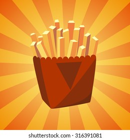 Bunch of French fries potato in bucket. Colorful cartoon fast food icon. Beautiful menu design element made in vector. All the elements are grouped and easy editable.