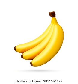 Bunch of fresh yellow bananas isolated on white background. Realistic 3d vector illustration of tropical fruit. Healthy organic food concept for nutrition, diet and culinary design.