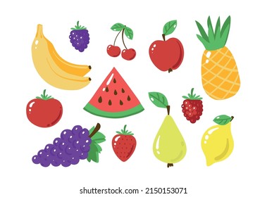 Bunch of fruit icons in flat design. Watermelon, bananas, apple, pineapple. Cartoon cartoon illustrations of healthy vegetarian food isolated on white background.