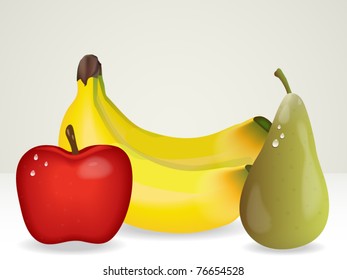 Bunch of fruit including bananas, apple and pear