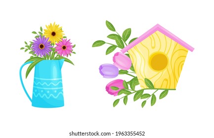 Bunch of Garden Flowers Rested in Flowerpot and Nesting Box Vector Set