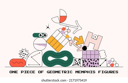 Bunch of geometric shapes in memphis style. Vector linear illustration of creative process, app development, graphic design. 