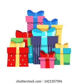 a Bunch of Gift Boxes. Colorful Gifts with Bows of Ribbons for the Holidays Christmas, New Year, Birthday, Valentine s Day. Flat Cartoon Isolated Illustration on a white background
