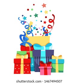 Bunch of Gift Boxes. Flat Cartoon Isolated Illustration on a white background. Colorful Gifts with Bows of Ribbons for the Holidays Christmas, New Year, Birthday, Valentine s Day.
