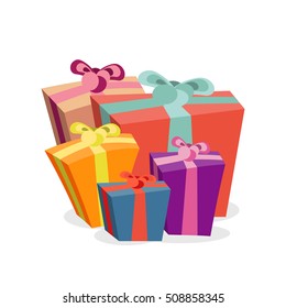 Bunch of gift boxes for merry christmas. Bright Xmas present packages for holiday. Vector illustration isolated on white background