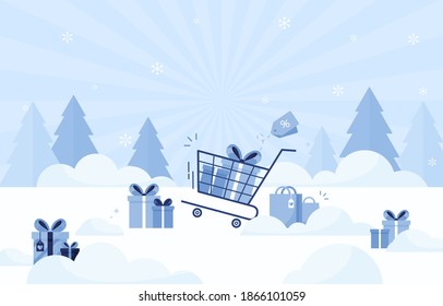 Bunch gift and present for Christmas, New year and holidays in shopping cart on white background. Business, retail, sale and online commerce concept. Blue